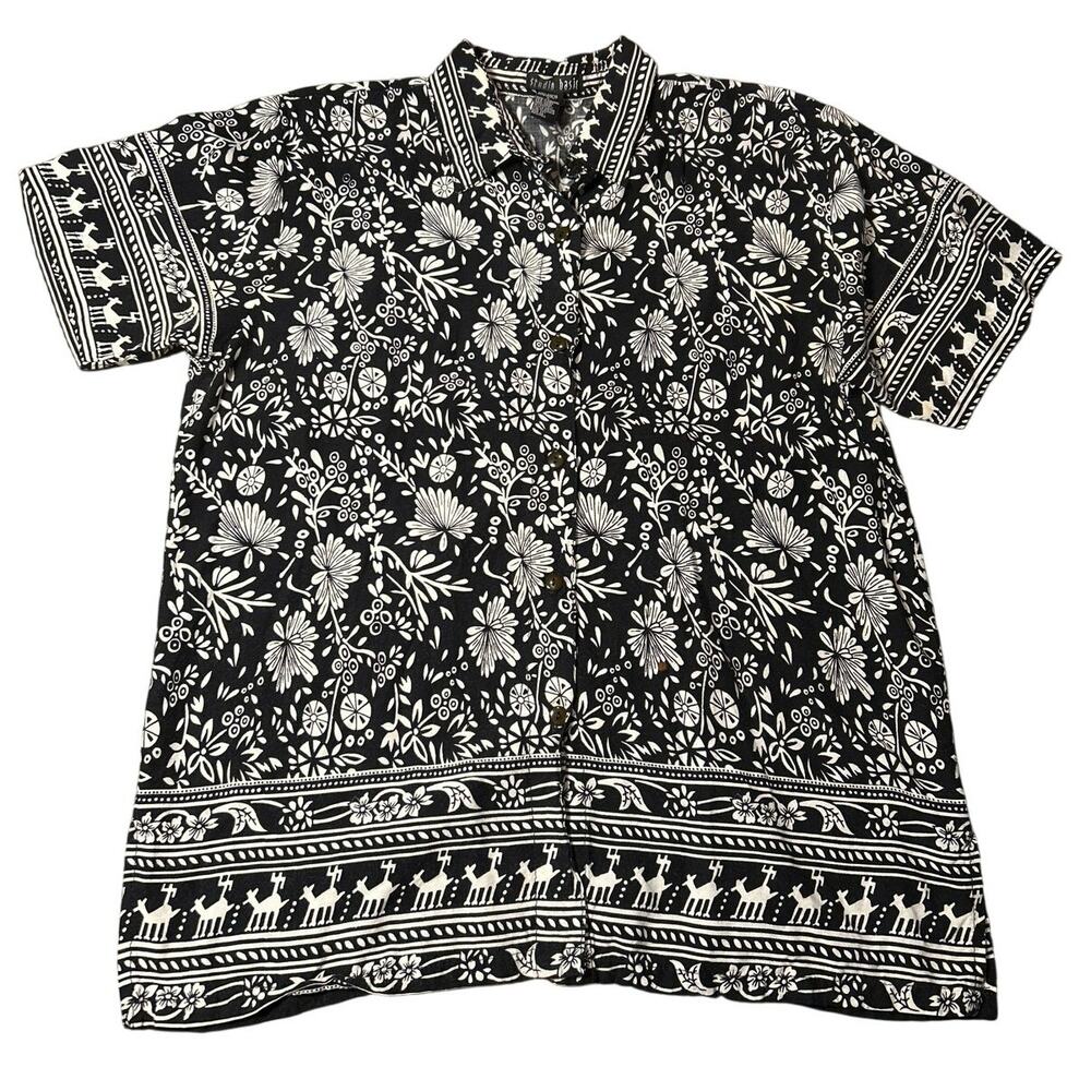 VTG Studio Basic Black White Floral Deer Border Print Rayon Blouse Size L